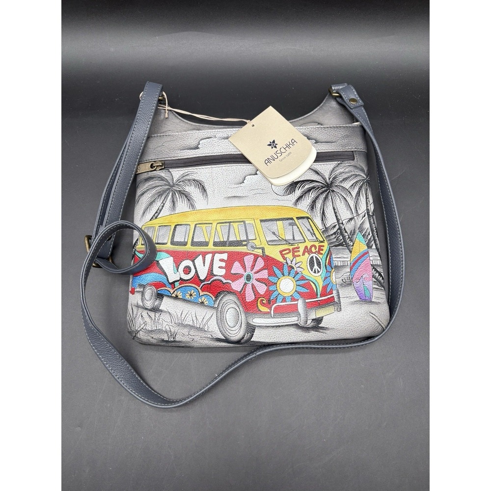 Anna Anuschka Leather Bag Hand Painted Happy Camper Peace Van Purse NWT